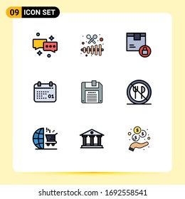 Group of 9 Filledline Flat Colors Signs and Symbols for floppy; date; box; calendar; secure Editable Vector Design Elements