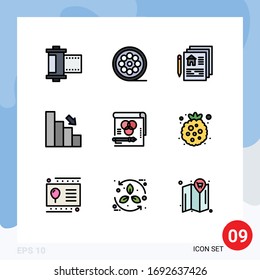 Group of 9 Filledline Flat Colors Signs and Symbols for color; down; blueprint; chart; bar Editable Vector Design Elements