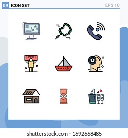 Group of 9 Filledline Flat Colors Signs and Symbols for boat; politics; call; political; outgoing Editable Vector Design Elements