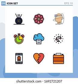 Group of 9 Filledline Flat Colors Signs and Symbols for document; timer; reality; education; alarm Editable Vector Design Elements