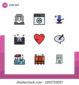 Grupo de 9 signos y símbolos de color plano de línea plana para el corazón; sonido; descargar; orador; elementos de diseño de vectores editables multimedia