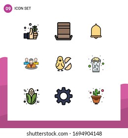 Group of 9 Filledline Flat Colors Signs and Symbols for chicken; conversation; alert; gossip; group Editable Vector Design Elements