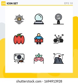 Group of 9 Filledline Flat Colors Signs and Symbols for office; jobless; development; vegetables; food Editable Vector Design Elements