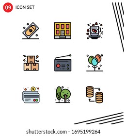 Grupo de 9 signos y símbolos de color plano de línea plana para el producto; industrial; construcción; casilla; elementos de diseño de vectores editables de té