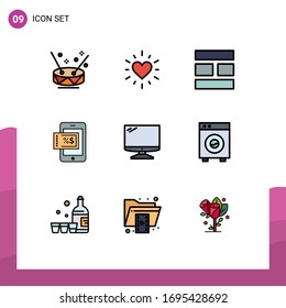 Group of 9 Filledline Flat Colors Signs and Symbols for imac; monitor; editing; computer; shopping Editable Vector Design Elements