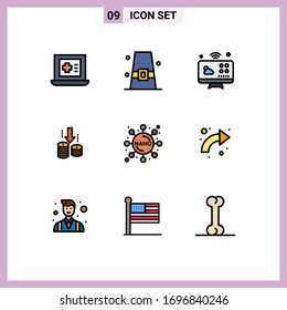 Group of 9 Filledline Flat Colors Signs and Symbols for experiment; analysis; communications; fund; money Editable Vector Design Elements