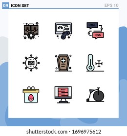 Group of 9 Filledline Flat Colors Signs and Symbols for promotion; media; coding; mail; programming Editable Vector Design Elements