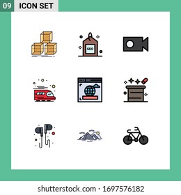 Grupo de 9 signos y símbolos de color plano de línea llena para web; navegador; seo; transporte; elementos de diseño de vectores editables públicos