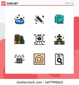 Group of 9 Filledline Flat Colors Signs and Symbols for football; tower; audit; office; paper Editable Vector Design Elements