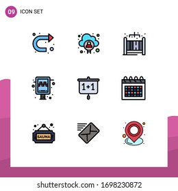 Grupo de 9 signos y símbolos de color plano de línea plana para su presentación; gráfico; hogar; taxi; signar Elementos de diseño de vectores editables