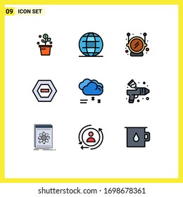 Group of 9 Filledline Flat Colors Signs and Symbols for forecast; data; world; minus; hexagon Editable Vector Design Elements