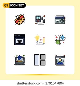 Group of 9 Filledline Flat Colors Signs and Symbols for lamp; insight; radio; idea; education Editable Vector Design Elements