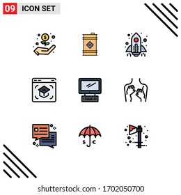 Gruppe von 9 Flachfarben Zeichen und Symbole für Monitore; Schule; Raumschiff; online; Design-Elemente für Vektorillustrationen im Internet