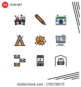 Group of 9 Filledline Flat Colors Signs and Symbols for thanksgiving; autumn; calendar; wigwam; camp Editable Vector Design Elements