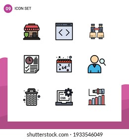 Group of 9 Filledline Flat Colors Signs and Symbols for calendar; report; binoculars; page; data Editable Vector Design Elements