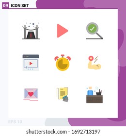 Group of 9 Flat Colors Signs and Symbols for timer; clock; search; alarm; multimedia Editable Vector Design Elements