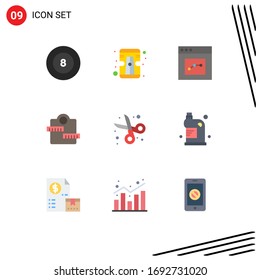 Group of 9 Flat Colors Signs and Symbols for scissor; cut; interface; back to school; healthcare Editable Vector Design Elements