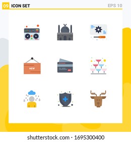 Grupo de 9 signos y símbolos de color plano para tarjeta; producto; desarrollo; nuevo; elementos de diseño de vectores editables de ecommerce