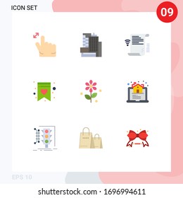 Grupo de 9 rótulos y símbolos de color plano para la propiedad; Pascua; presentación; flor; lista de compras Elementos de diseño de vectores editables