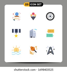 Group of 9 Flat Colors Signs and Symbols for skyscraper; building; spare parts; medal; award Editable Vector Design Elements