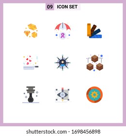 Group of 9 Flat Colors Signs and Symbols for networking; romance; color; love; cooking Editable Vector Design Elements