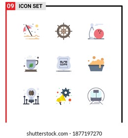 Group of 9 Flat Colors Signs and Symbols for tea; green tea; travel; green; play Editable Vector Design Elements