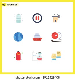 Group of 9 Flat Colors Signs and Symbols for liner; geography; reality; world; location Editable Vector Design Elements