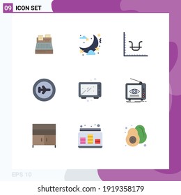 Group of 9 Flat Colors Signs and Symbols for cooking; travel; business; transportation; beach Editable Vector Design Elements