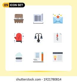 Group of 9 Flat Colors Signs and Symbols for light; city; email; kitchen; food Editable Vector Design Elements