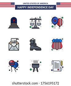 Group of 9 Flat Filled Lines Set for Independence day of United States of America such as shose; invitation; balloons; greeting; email Editable USA Day Vector Design Elements