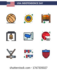 Group of 9 Flat Filled Lines Set for Independence day of United States of America such as map; christmas bell; bar; bell; entrance Editable USA Day Vector Design Elements