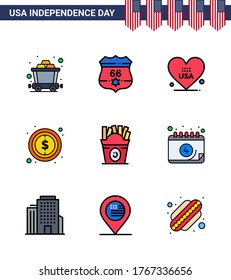 Group of 9 Flat Filled Lines Set for Independence day of United States of America such as food; frise; love; sign; money Editable USA Day Vector Design Elements