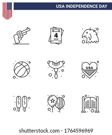 Group of 9 Lines Set for Independence day of United States of America such as american; frankfurter; bird; food; football Editable USA Day Vector Design Elements