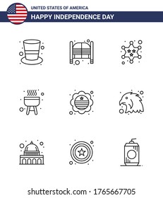 Group of 9 Lines Set for Independence day of United States of America such as flag; cook; entrance; bbq; star Editable USA Day Vector Design Elements