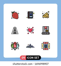 Group of 9 Modern Filled line Flat Colors Set for bulldozer; heart; food; love; monument Editable Vector Design Elements