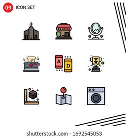 Group of 9 Modern Filledline Flat Colors Set for marketing; breakfast; shop; toaster; bread Editable Vector Design Elements
