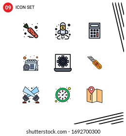 Group of 9 Modern Filledline Flat Colors Set for preference; configure; calculator; computer; schedule Editable Vector Design Elements