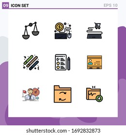 Group of 9 Modern Filledline Flat Colors Set for business; job search; shopping; job; light stick Editable Vector Design Elements