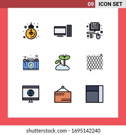 Group of 9 Modern Filledline Flat Colors Set for growth; graphic; server; design; camera Editable Vector Design Elements