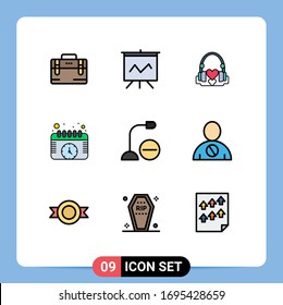 Group of 9 Modern Filledline Flat Colors Set for devices; watch; hearts; schedule; calendar Editable Vector Design Elements