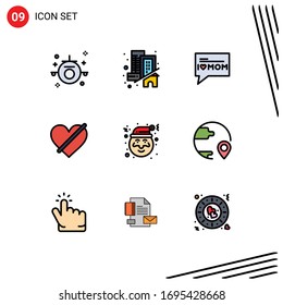Group of 9 Modern Filledline Flat Colors Set for claus; like; message; love; access Editable Vector Design Elements