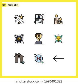Group of 9 Modern Filledline Flat Colors Set for award; job; easter; money; dollar Editable Vector Design Elements