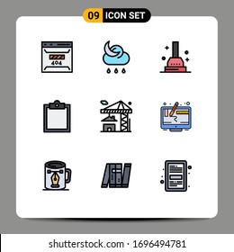 Group of 9 Modern Filledline Flat Colors Set for estate; crane; weather; task; buffer Editable Vector Design Elements