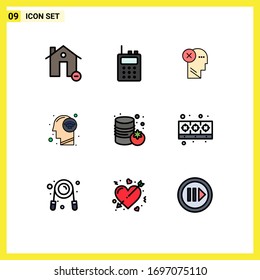 Group of 9 Modern Filledline Flat Colors Set for mind; connect; brain; thinking; mark Editable Vector Design Elements