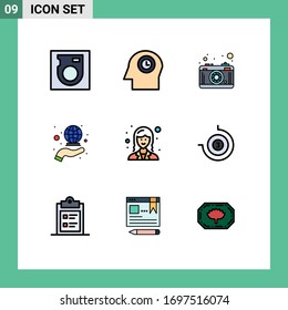 Grupo de 9 modernos colores planos de líneas llenas para la mujer; empleado; lente; negocios; elementos de diseño de vectores editables internacionales