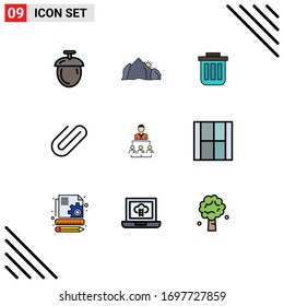 Gruppe von 9 modernen Flachfarben für Videos; Befestigung; Abfall; Büro; Design-Elemente für Vektorillustrationen mit Containerbearbeitung
