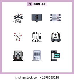 Group of 9 Modern Filledline Flat Colors Set for form; disease; rack; love; celebration Editable Vector Design Elements