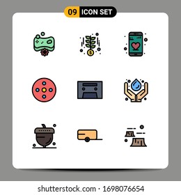 Grupo de 9 modernos colores planos de líneas llenas para la cosecha de vintage; análogo; aplicación; almacenamiento; material Elementos Editables de Diseño del Vector