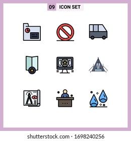 Group of 9 Modern Filledline Flat Colors Set for monitor; design; family van; application; place Editable Vector Design Elements