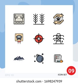 Group of 9 Modern Filledline Flat Colors Set for electricity; science; real estate; aim; sign Editable Vector Design Elements